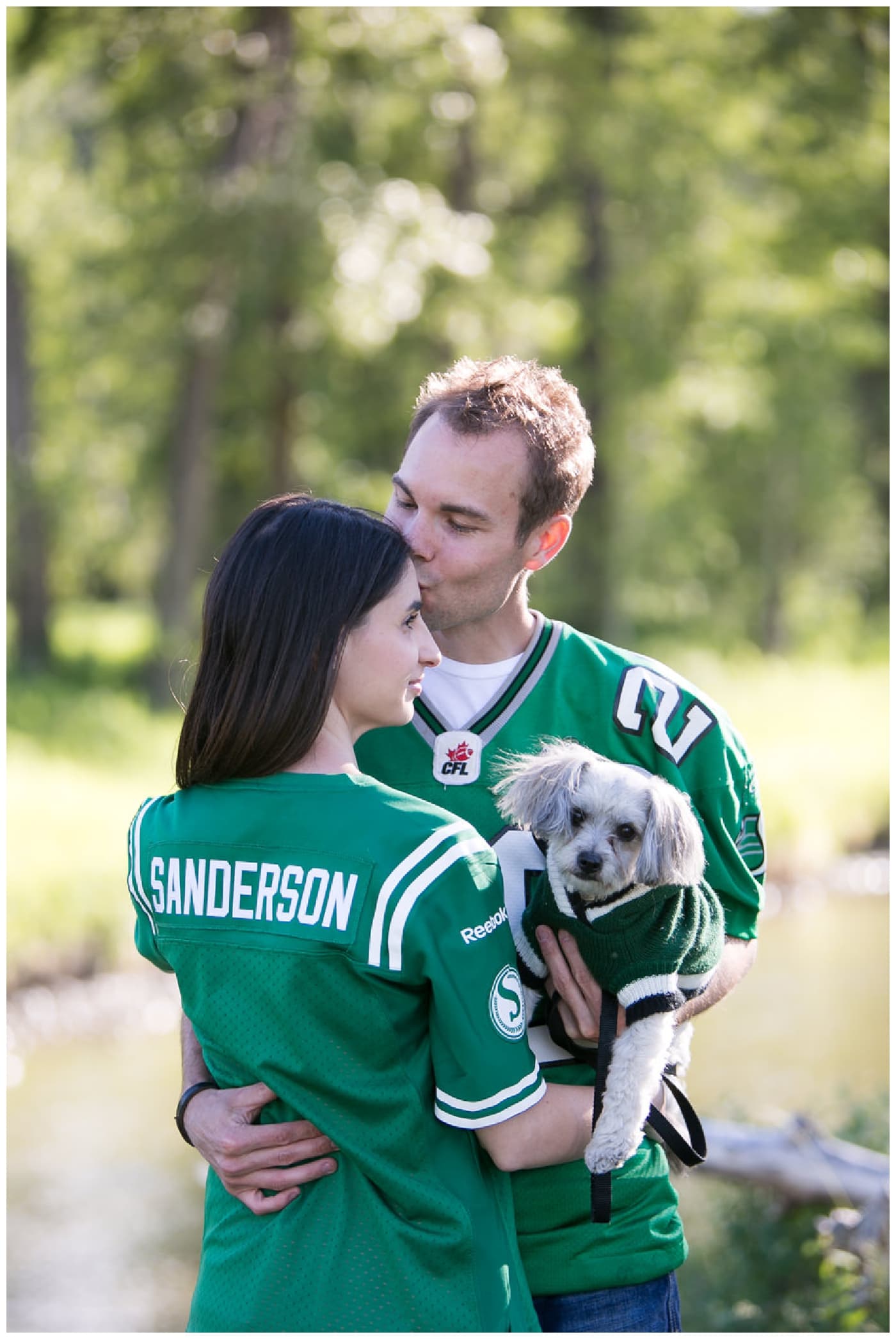 Fish Creek Park Engagement with a newly engaged couple and their dog, beautiful green trees, bridegs, and setting sunlight