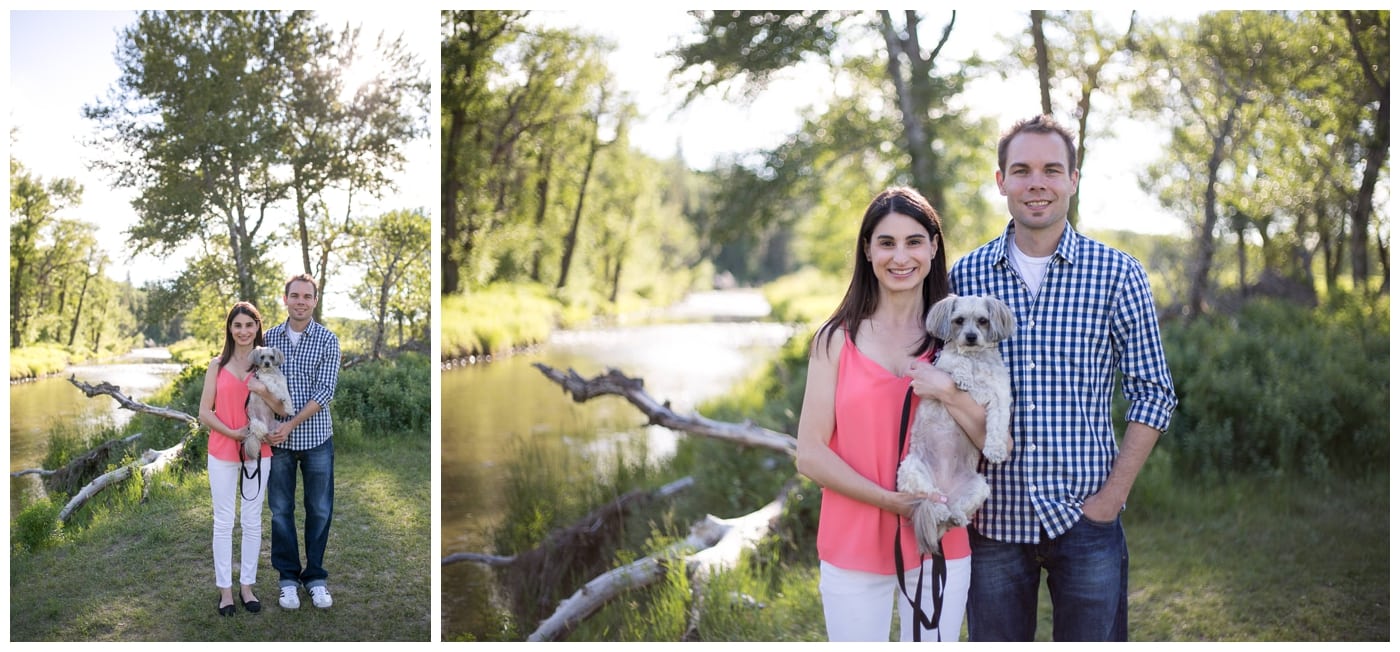 Fish Creek Park Engagement with a newly engaged couple and their dog, beautiful green trees, bridegs, and setting sunlight