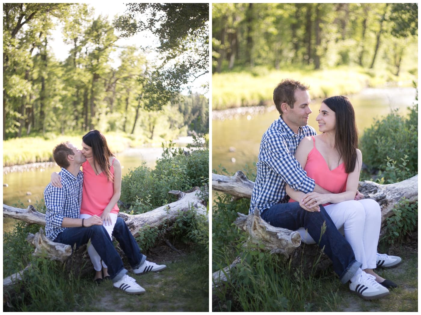 Fish Creek Park Engagement with a newly engaged couple and their dog, beautiful green trees, bridegs, and setting sunlight