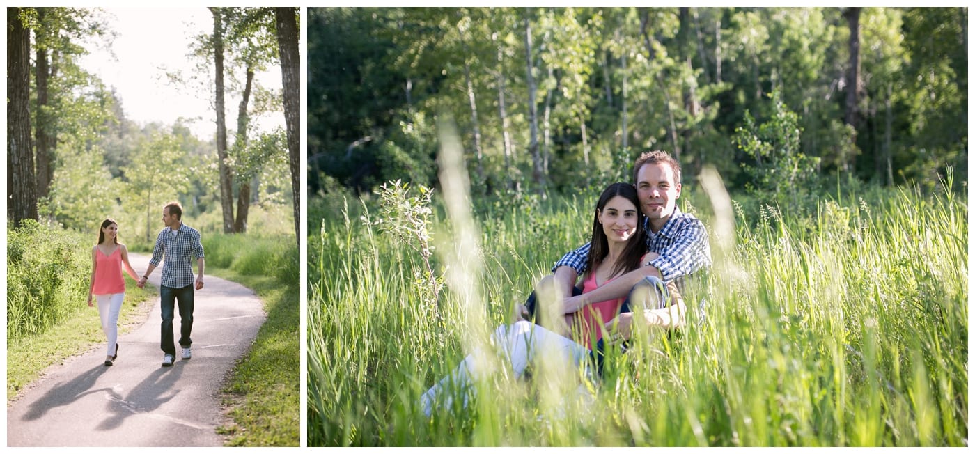 Fish Creek Park Engagement with a newly engaged couple and their dog, beautiful green trees, bridegs, and setting sunlight