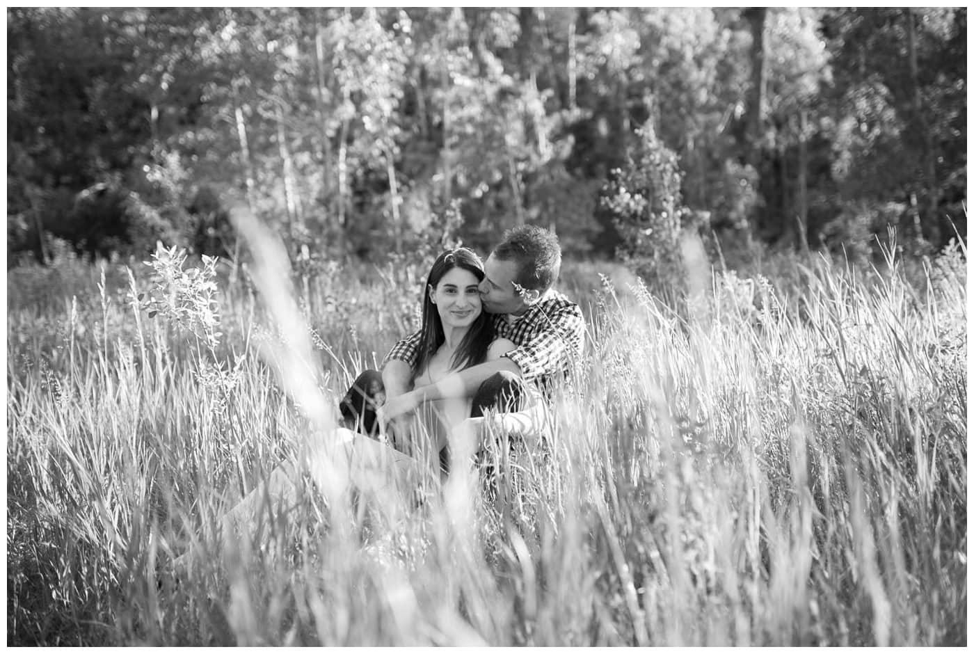 Fish Creek Park Engagement with a newly engaged couple and their dog, beautiful green trees, bridegs, and setting sunlight