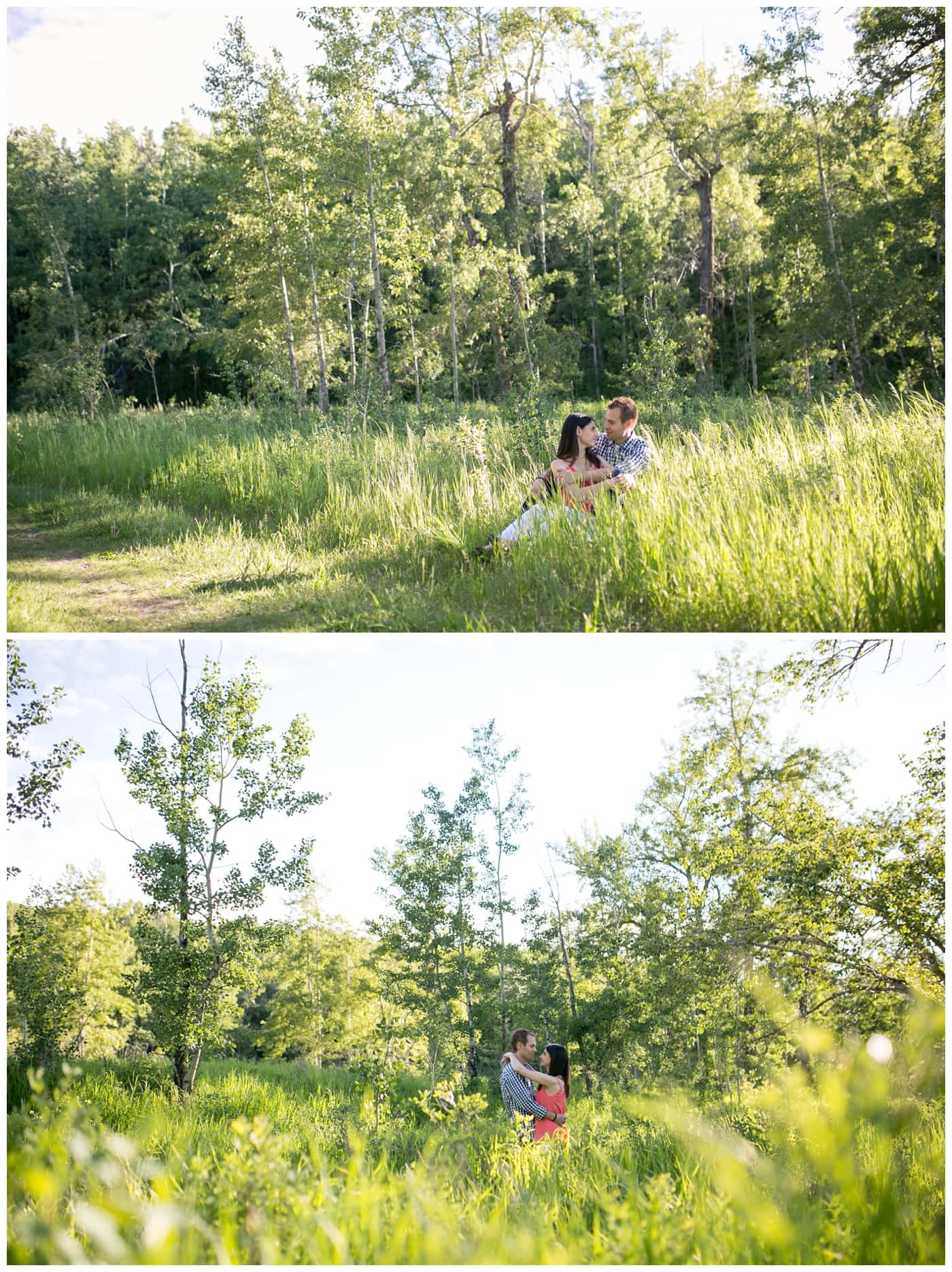 Fish Creek Park Engagement with a newly engaged couple and their dog, beautiful green trees, bridegs, and setting sunlight