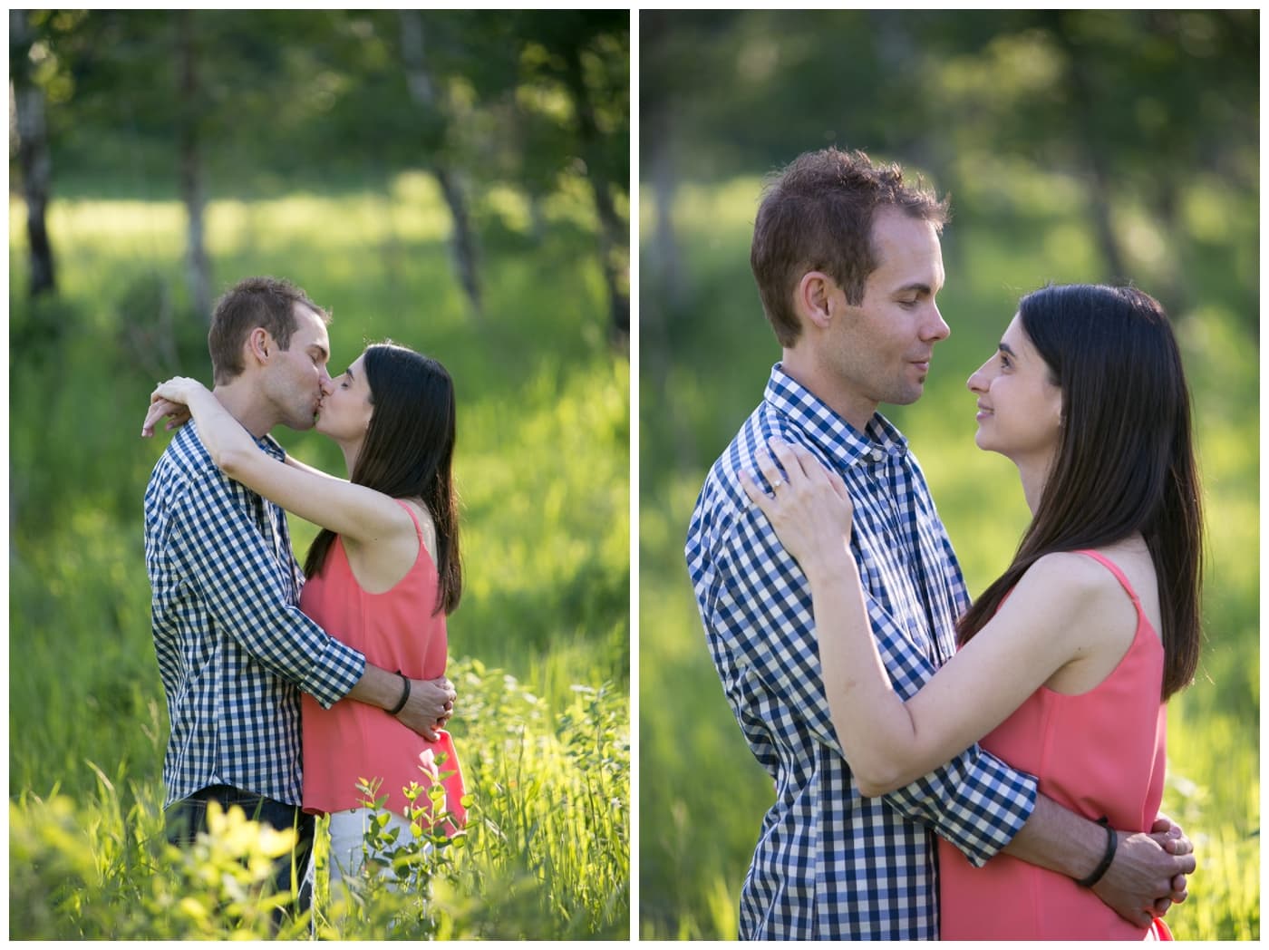 Fish Creek Park Engagement with a newly engaged couple and their dog, beautiful green trees, bridegs, and setting sunlight