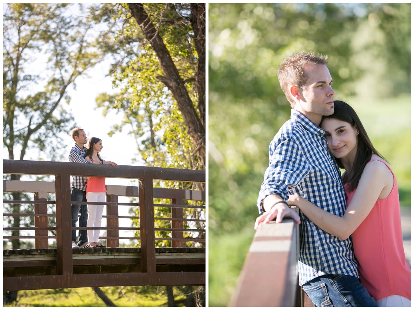 Fish Creek Park Engagement with a newly engaged couple and their dog, beautiful green trees, bridegs, and setting sunlight