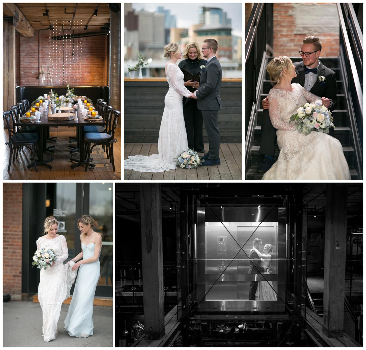 A styled winter wedding shoot at CharBar restaurant in downtown Calgary sees the bride and groom getting married with the skyline behind them