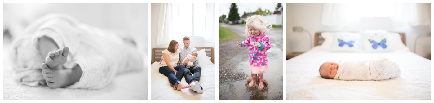 A set of baby toes in black and white, a family holding their new child while sitting on their bed, a girl splashes in puddles in a bright pink rain coat, and a new baby on a clean white bed