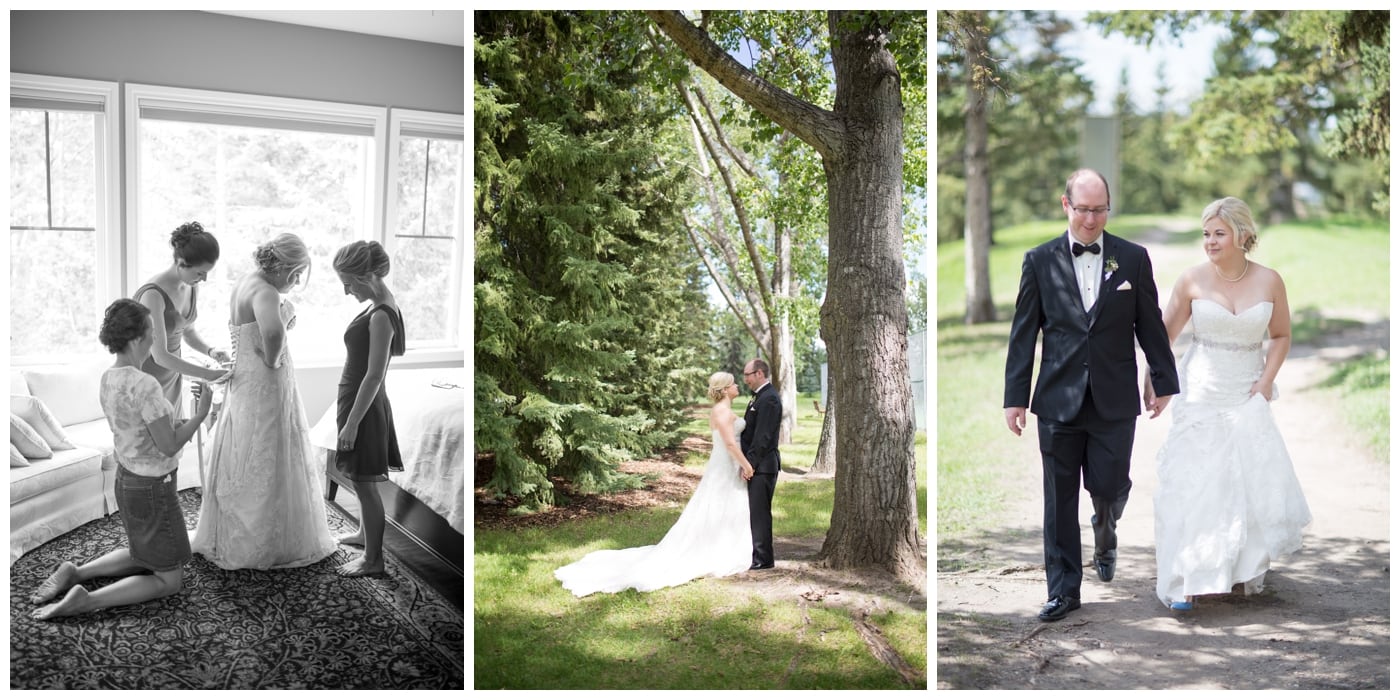 A black & white image of a bride slipping into her dress with her mo and bridemaids helping, a newly wedded couple standing in a forest, and walking down a dirt path hand in hand