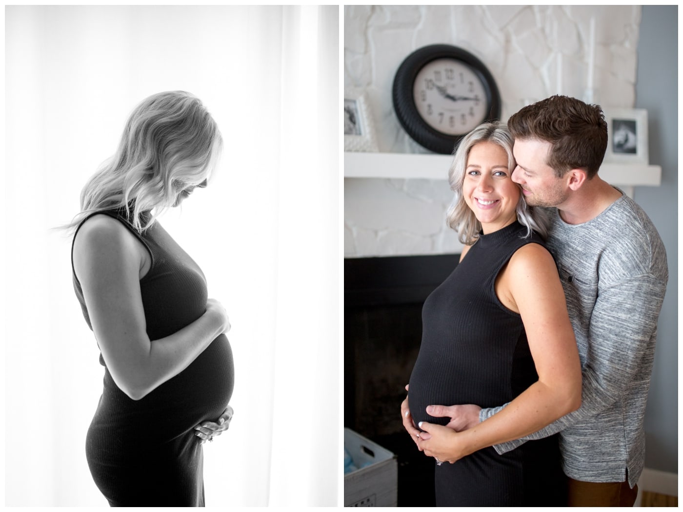 A pregnant mother stands backlit against a window in the black tank top, and a maternity shoot of a husband and wife in front of a white fireplace