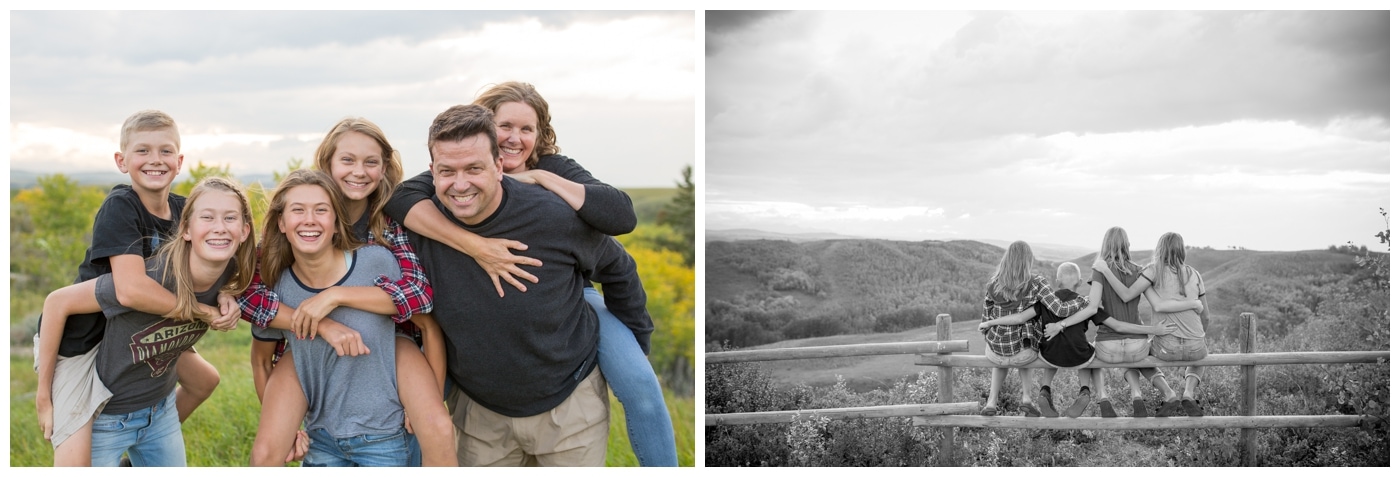 A family of six all giving each other piggybacks while standing in a field, and four siblings wrap their arms around each other while looking out at the landscape