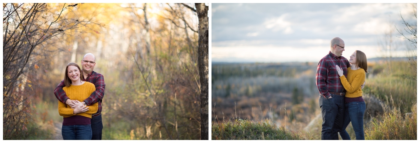 An engagement session with the couple surrounded by fall foliage