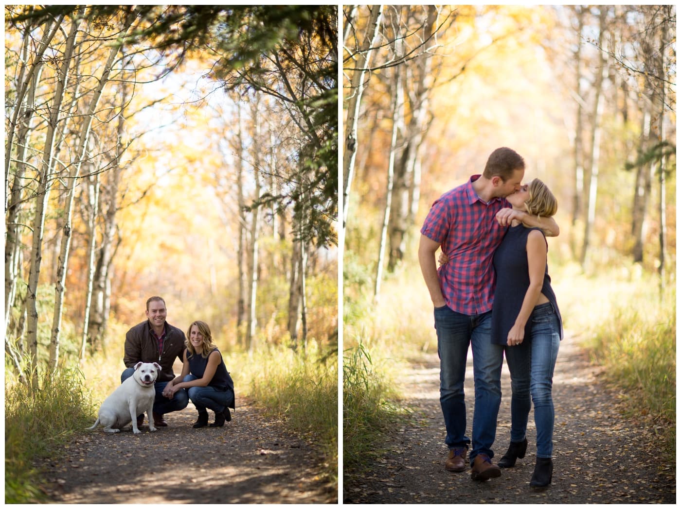 A couple pose with their dog and kiss amongst brilliant yellow fall foliage