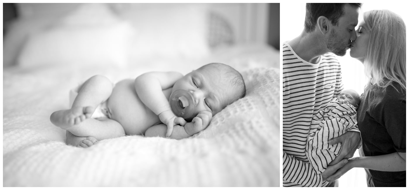 Balck and white images of a sleeping newborn baby and his parents kissing while he is wrapped in their arms