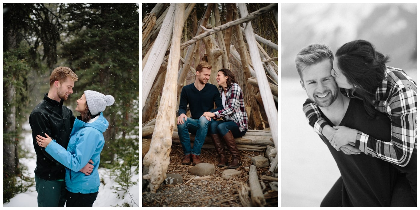 An engagement session with snow, hiking, teepees, adventure, and lots of laughing