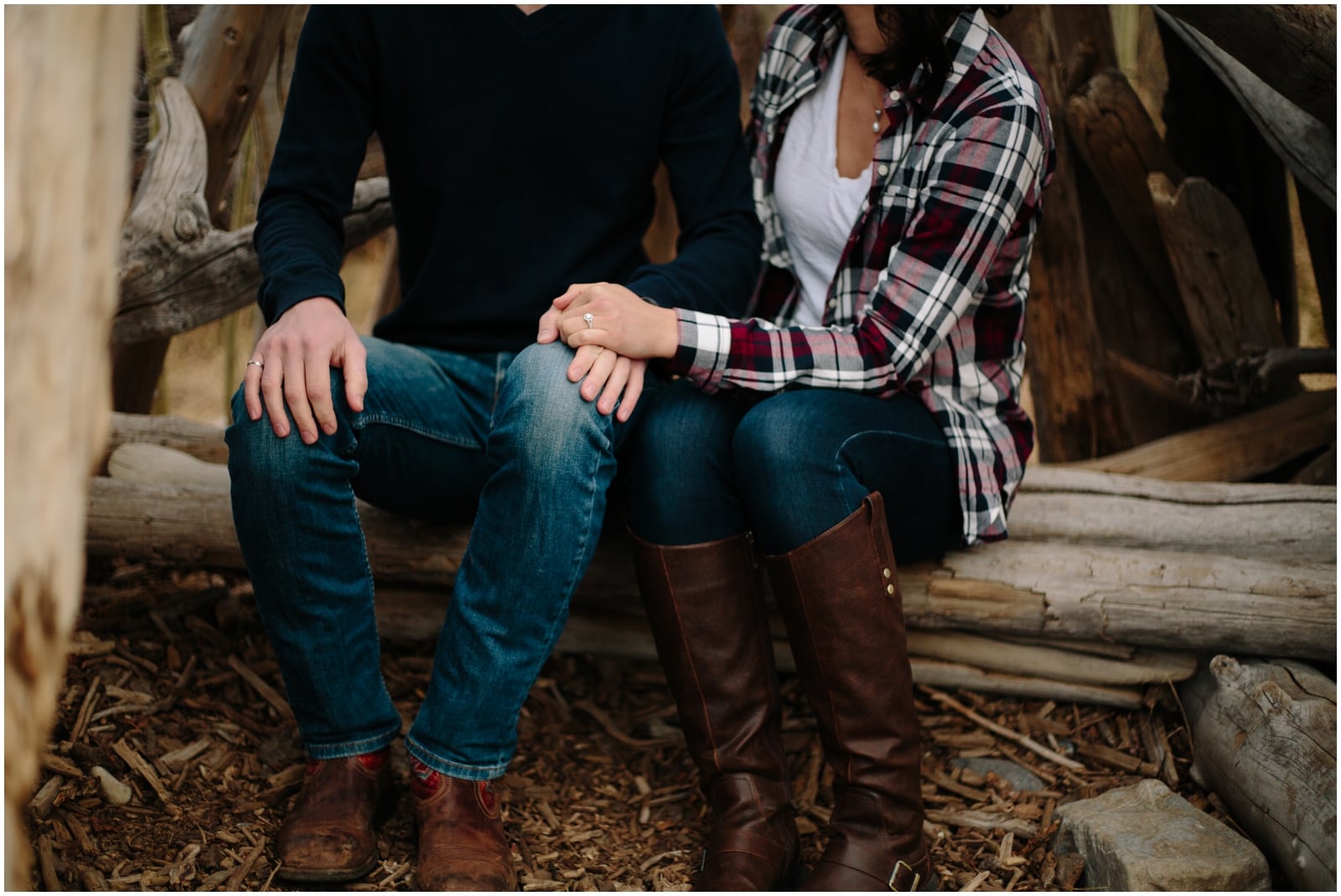 A beautiful adventure engagement session in the Rocky Mountains of Alberta at Barrier Lake, Kananaksis, and Spray Lakes with 360 mountain views and snow