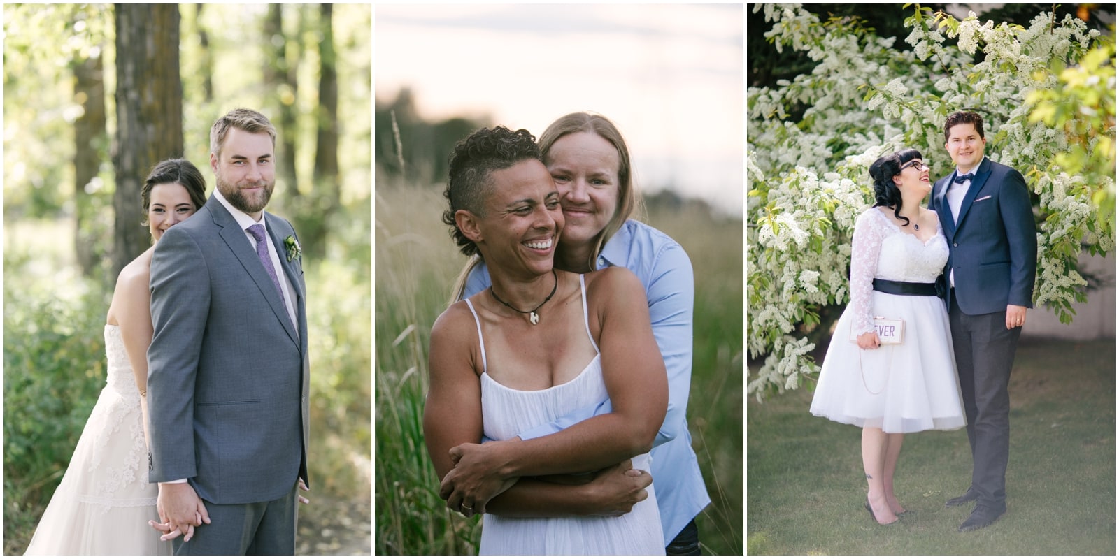 Three photos of couples who are newly engaged smiling at each other the middle couple is same sex outdoor wedding photos surrounded by foliage