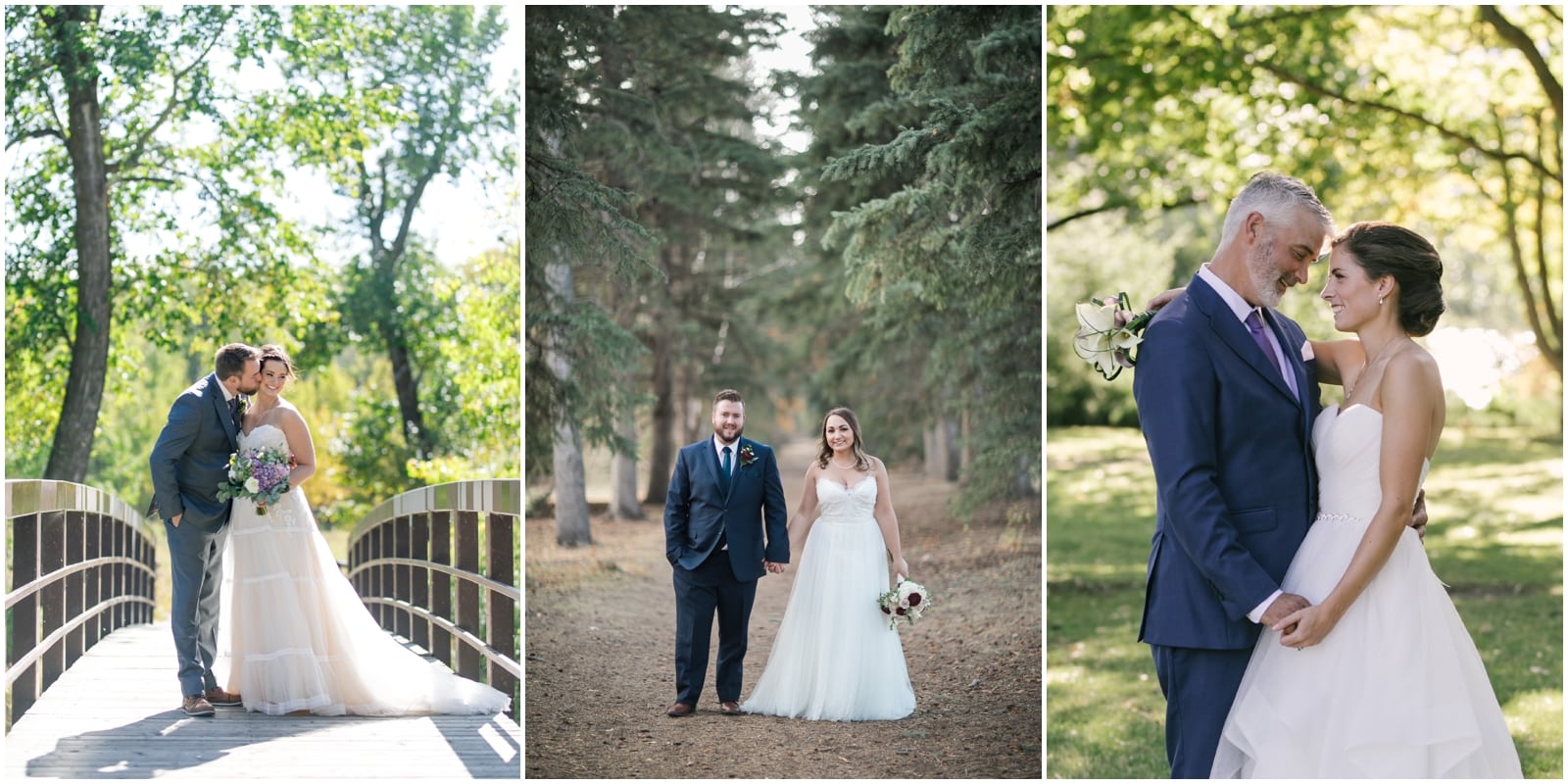 Three different bride and grooms pose for wedding portraits on a bridge, in a forest, and in a brightly lit field