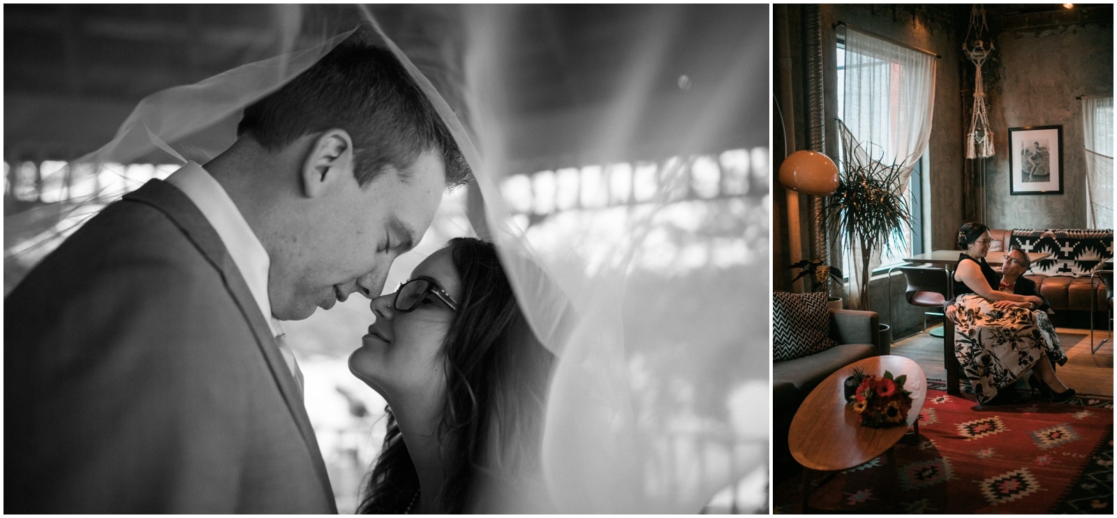 A black and white image of a bride and grooms faces under her veil and a photo of a couple cuddling on a chair in a vintage rustic room