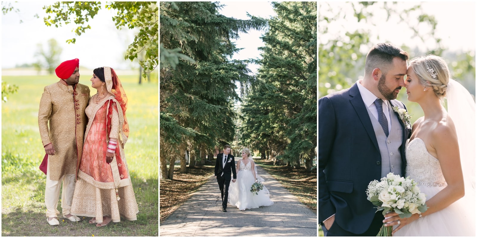 Three wedding couples, a traditional indian bride and groom, a couple walking down a treed alley, and a close up of a bride and groom with their faces touching