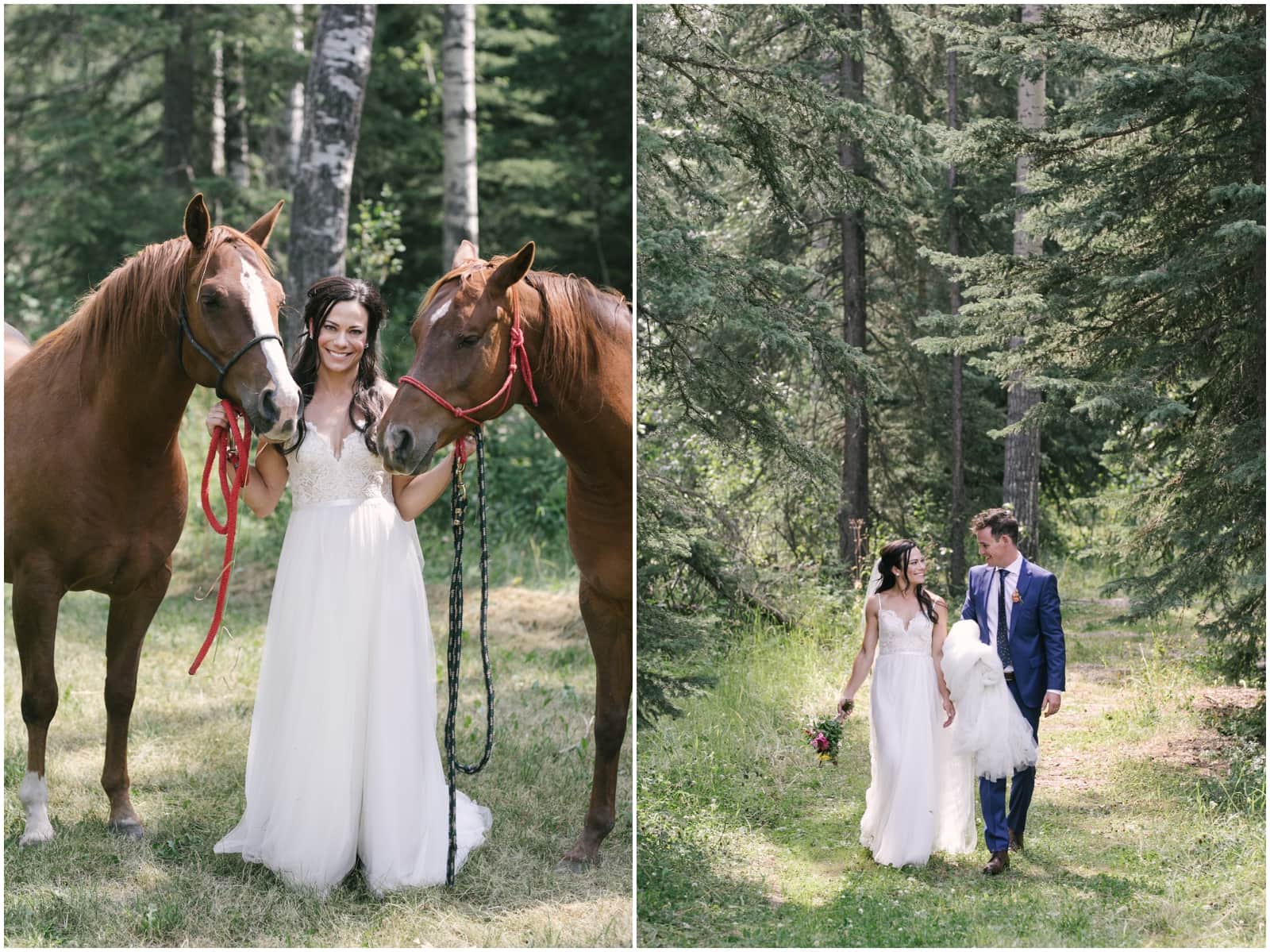 A bride with a horse on either side of her, and a bride and groom walking along a dirt pathway as he holds her dress up and they smile at each other