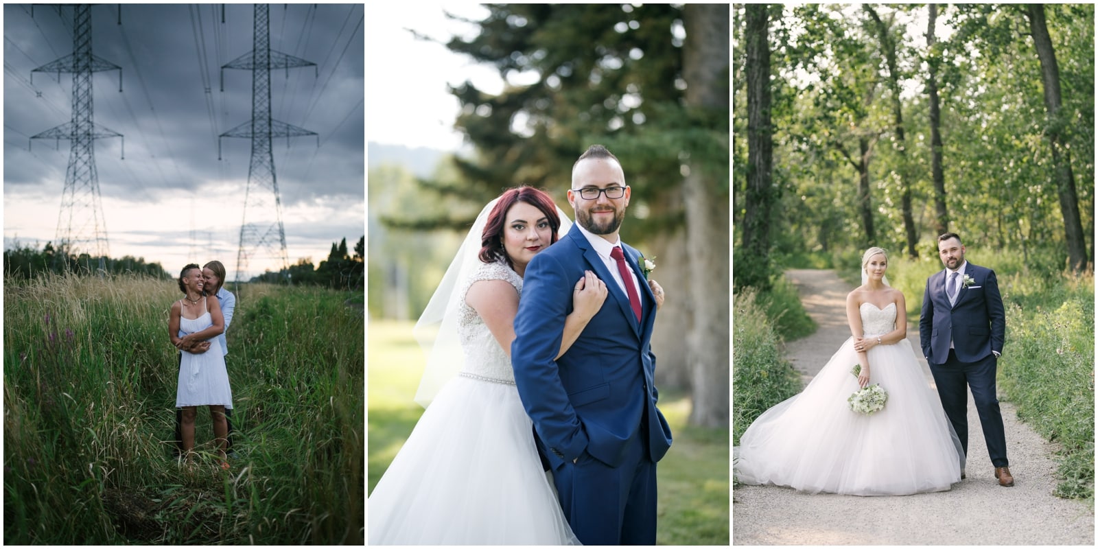 A lesbian couple embraces in a field, a newly married couple hug and smile at the camera, and a bride and groom pose on a pathway