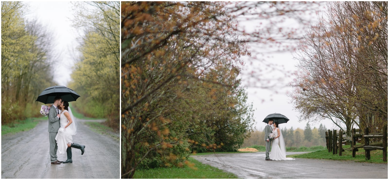 A rainy wedding day with a bride and groom outside under an umbrella standing near puddles