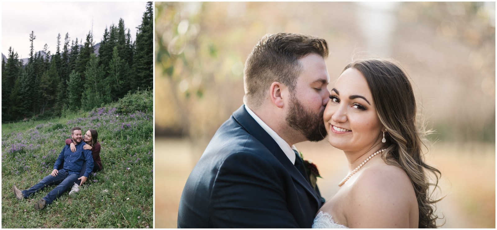 A happy couple sits and laughs together in purple flowers and grass and a wedding picture with the bride looking at the camera as the groom kisses her on the cheek