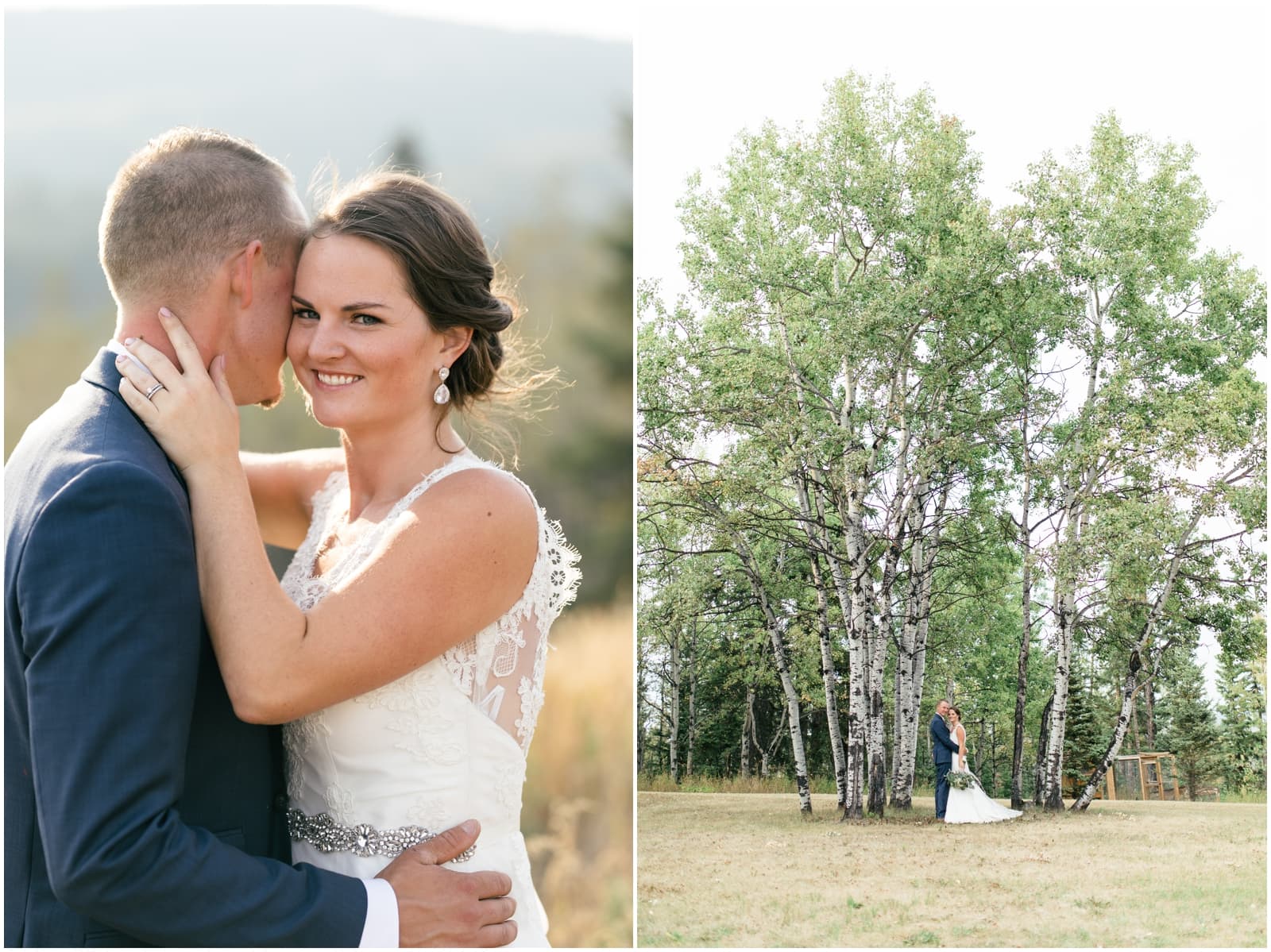 A bride and groom embrace as the backlit sun hits them and they stand under giant birch trees