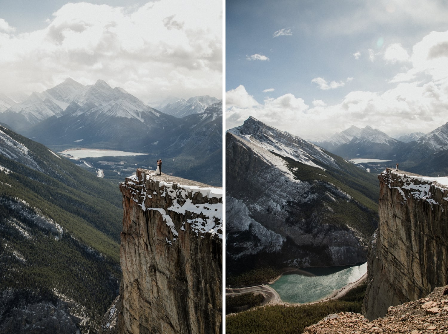 Sweeping mountain views in Banff National Park with a couple in wedding attire standing on a cliff edge amongst those mountians