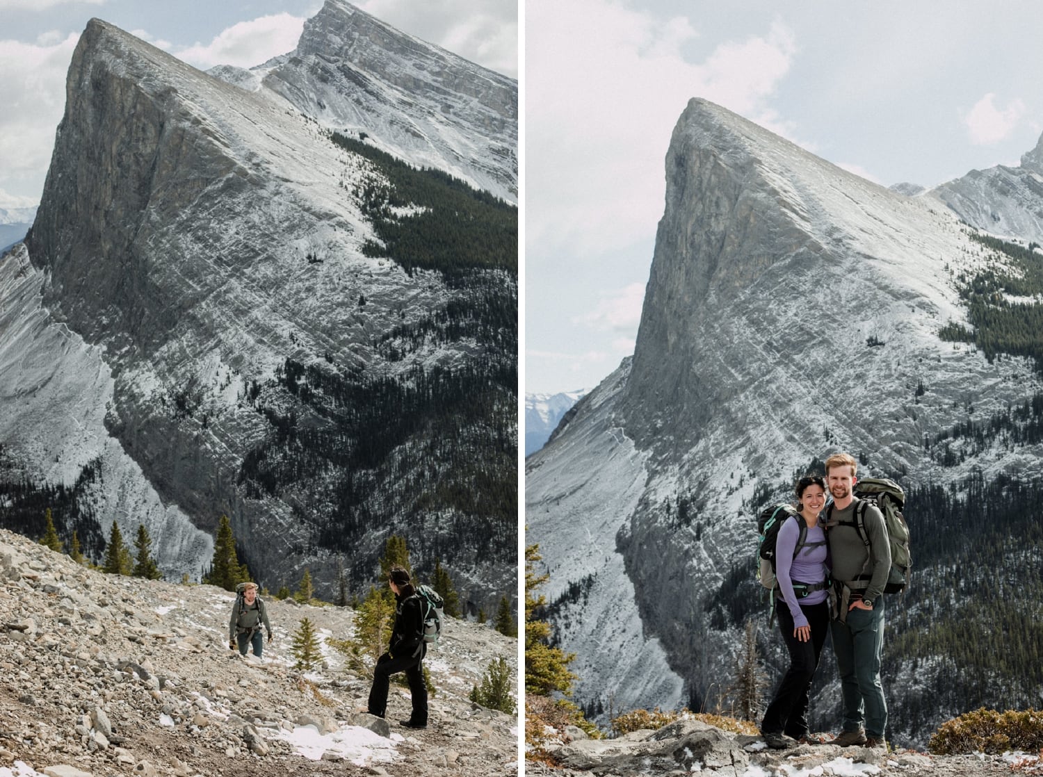 An attractive couple hikes up a mountain with a view of Rundle Mountain in the background