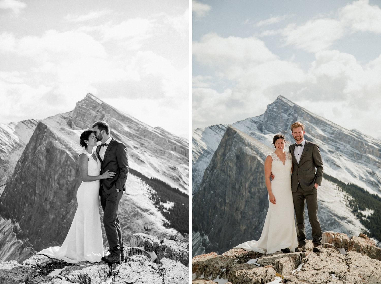 Two photos of a couple posing on top of a mountain with sweeping mountainviews and clouds in the background