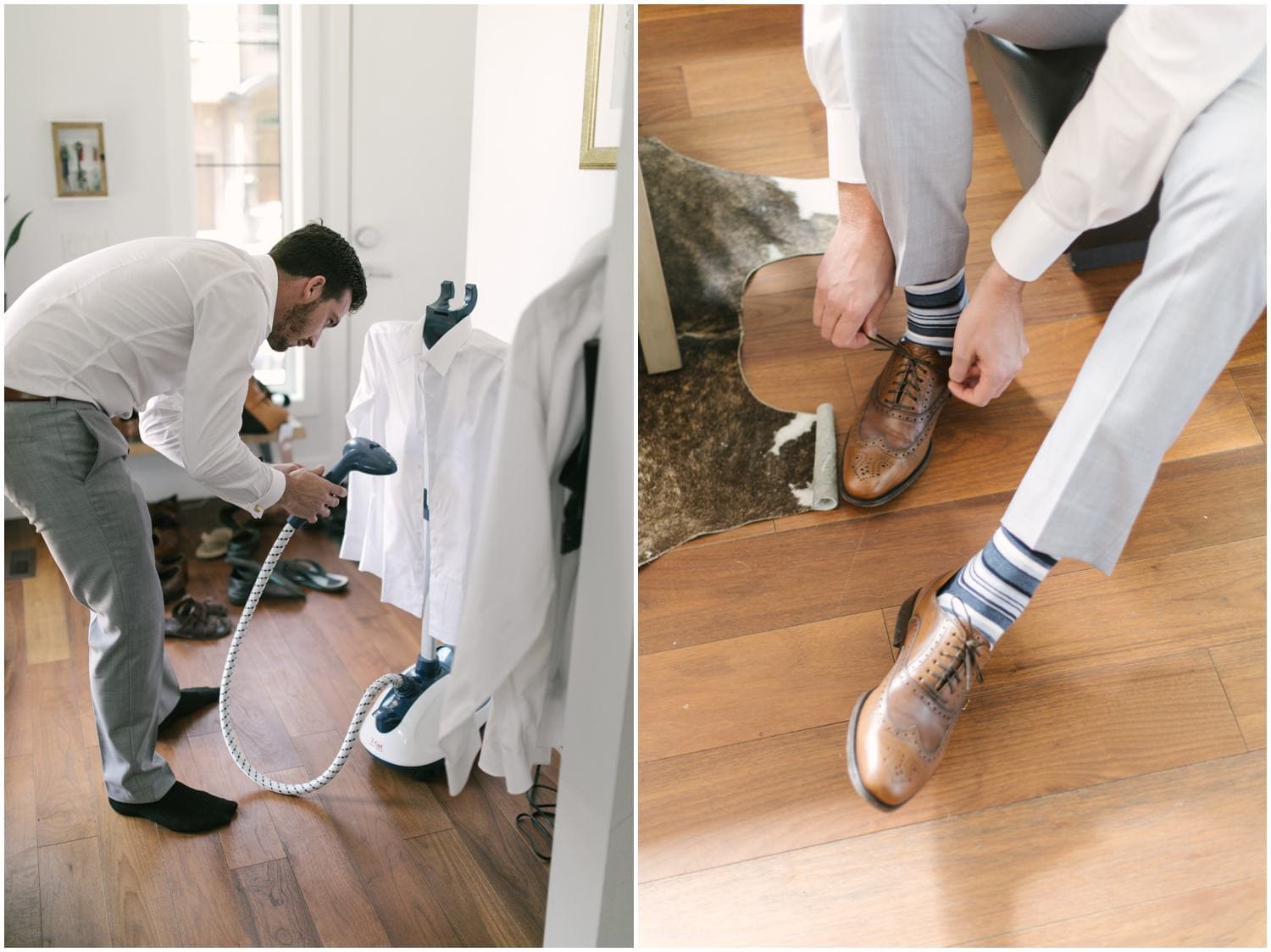 A groomsman steams his white shirt and another ties his dress shoelaces