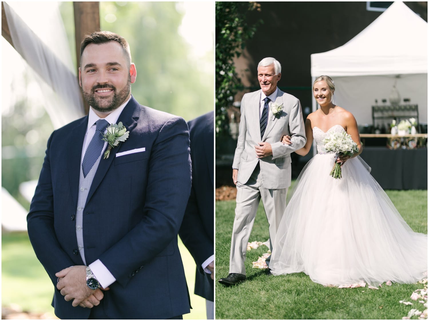 A groom looking and smiling at his bride as she walks down the aisle with her father at their backyard wedding