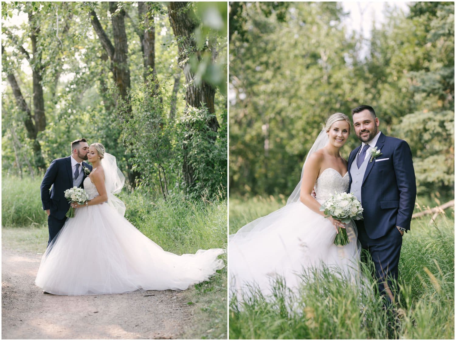 A bride and groom pose in front of beautiful summer green trees in Fish Creek Park in Calgary, Alberta