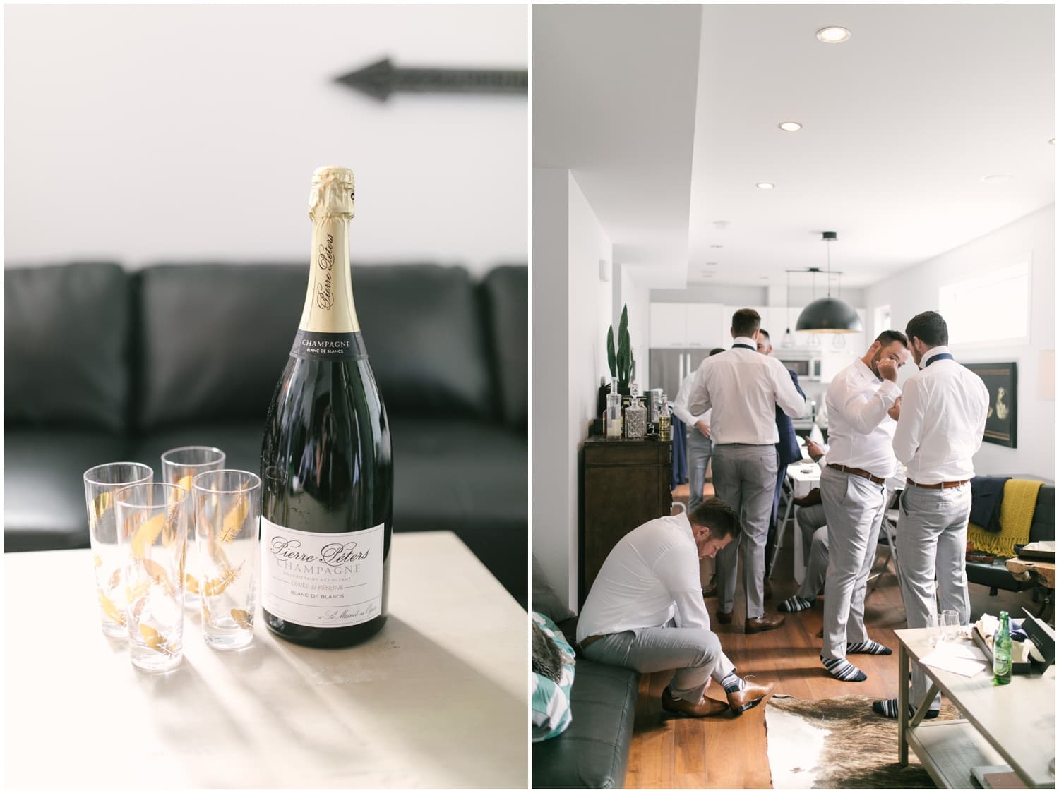 Celebratory champagne and glasses and groomsmen getting dressed and ready in the background.