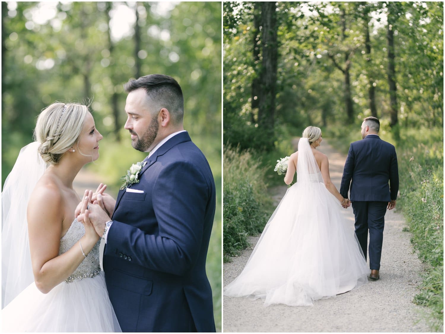 A bride and groom pose in front of beautiful summer green trees in Fish Creek Park in Calgary, Alberta