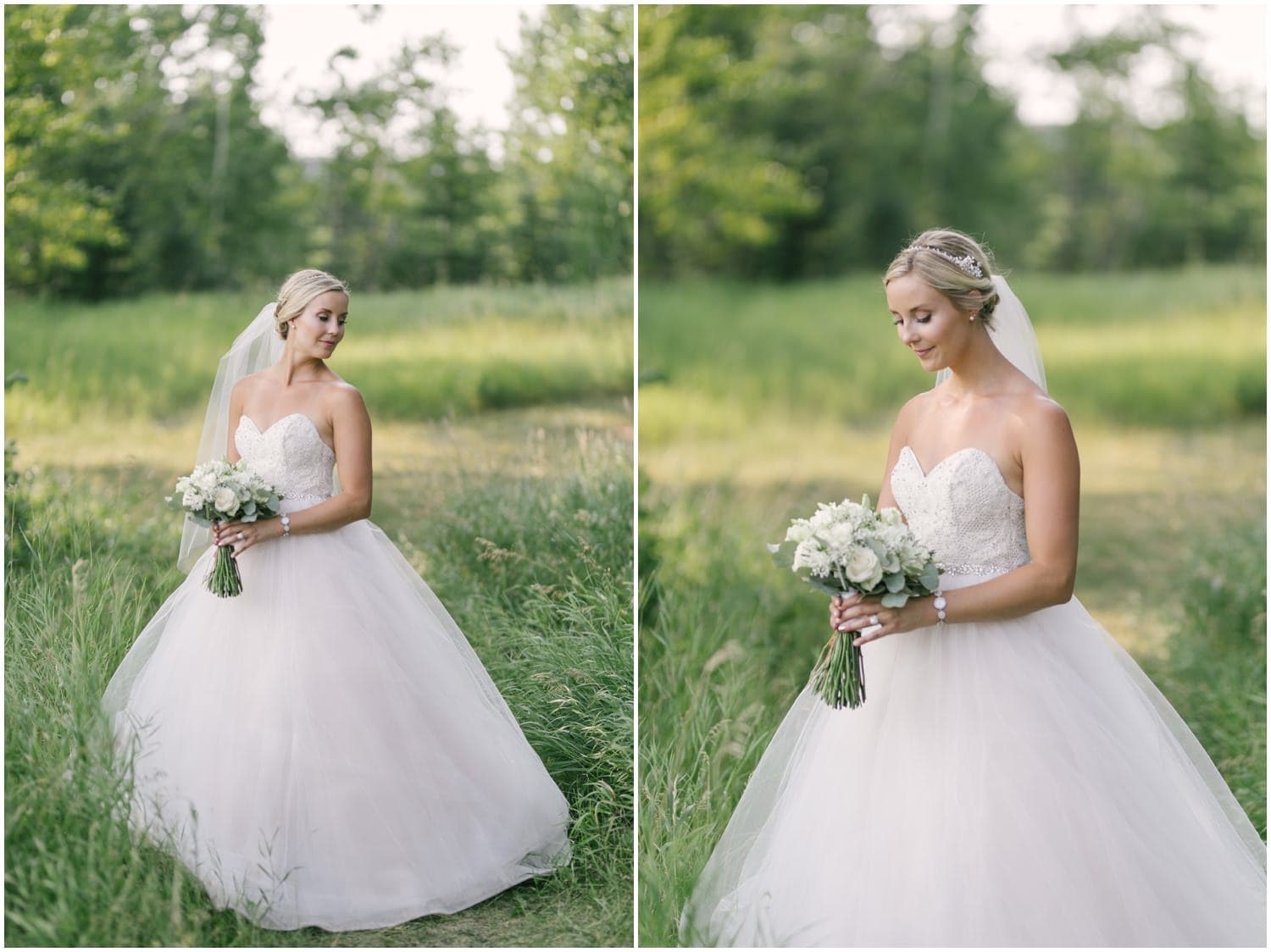 A bride poses in front of beautiful summer green trees in Fish Creek Park in Calgary, Alberta