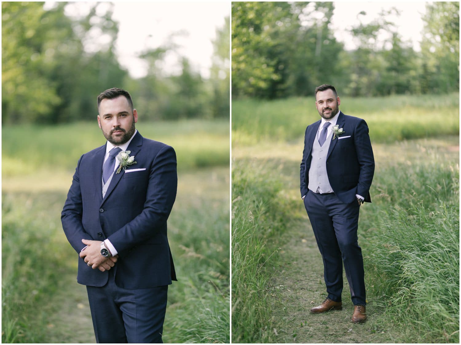 A groom poses in front of beautiful summer green trees in Fish Creek Park in Calgary, Alberta