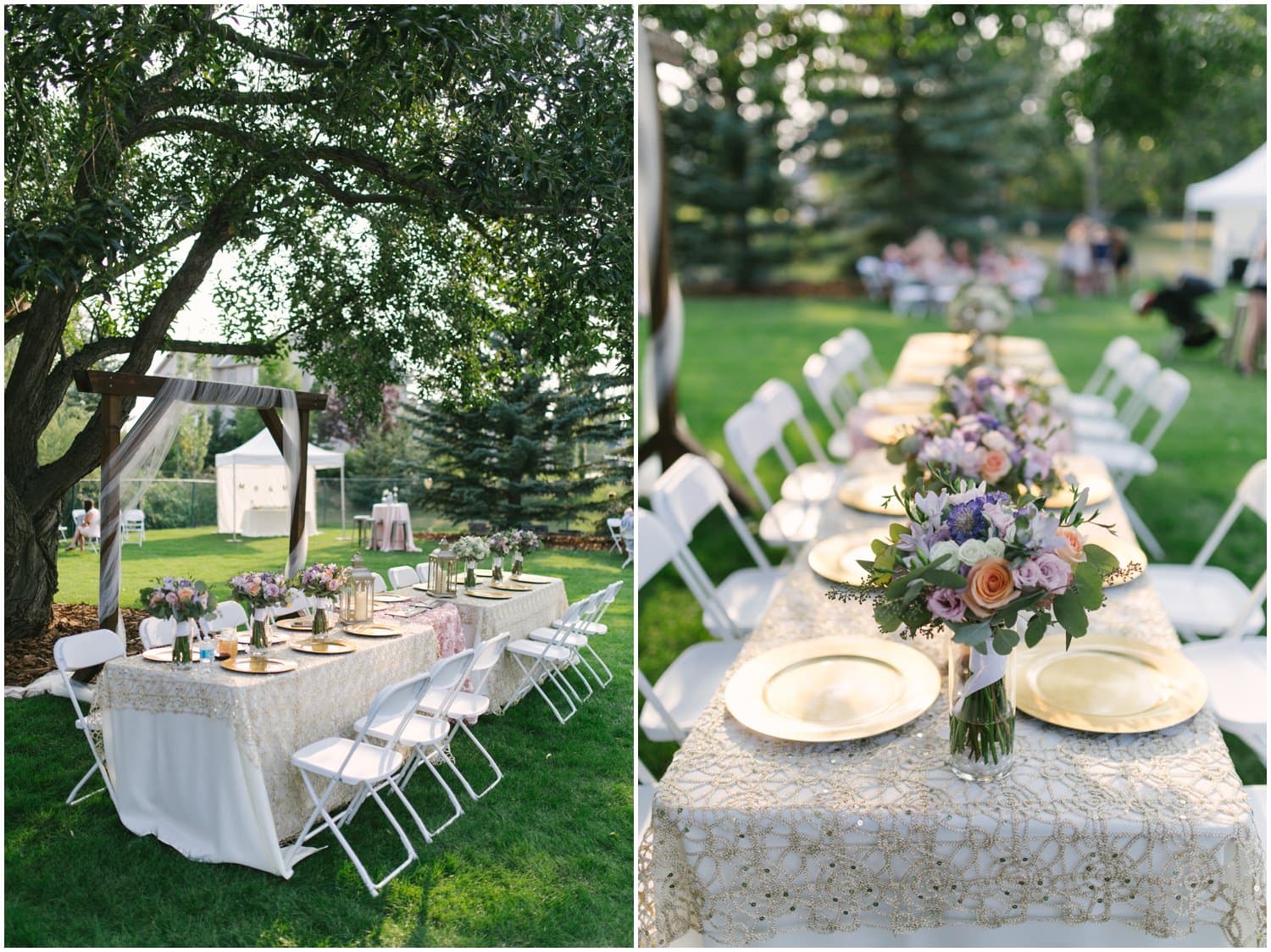 Wedding florals decorating the tables at a backyard wedding in Calgary