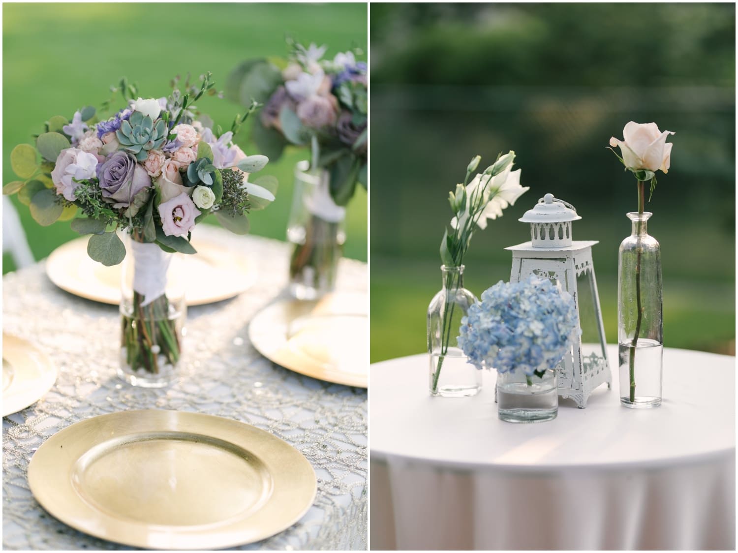 Wedding florals decorating the tables at a backyard wedding in Calgary