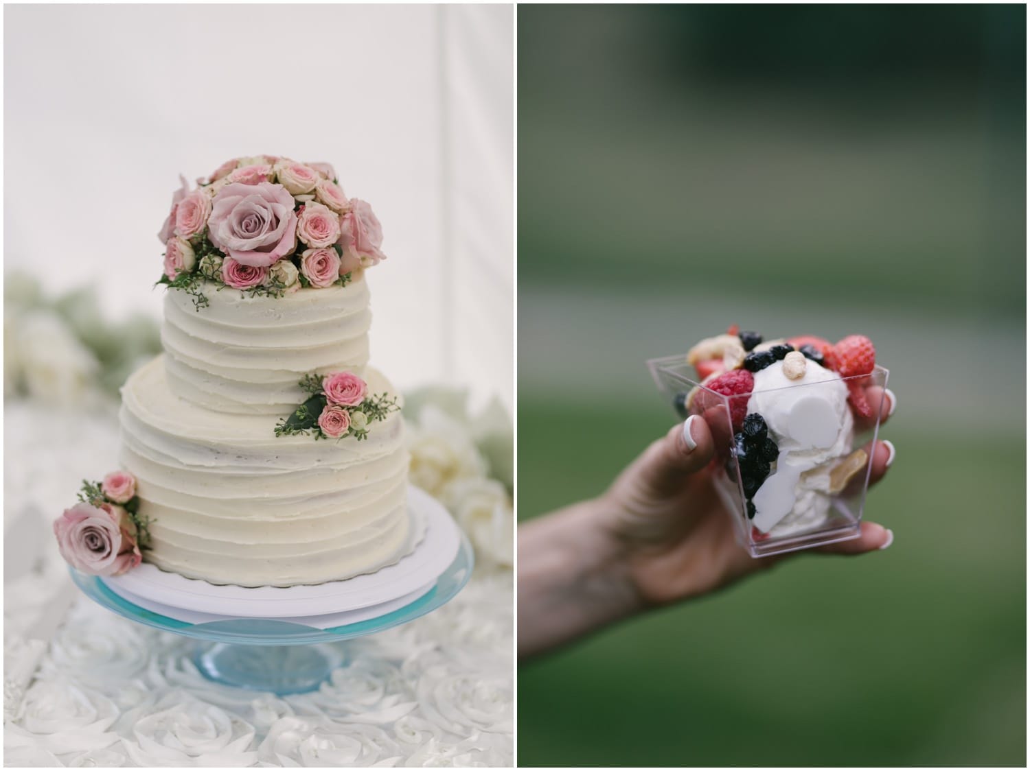 Wedding cake details decorating the tables at a backyard wedding in Calgary