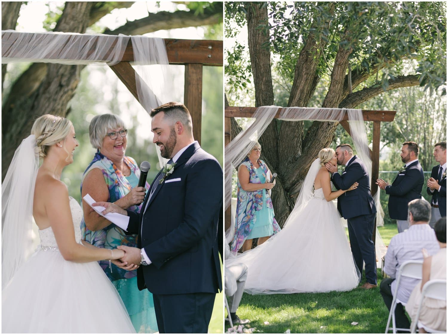 A bride and groom saying their vows and their first kiss under a large tree in the couples backyard