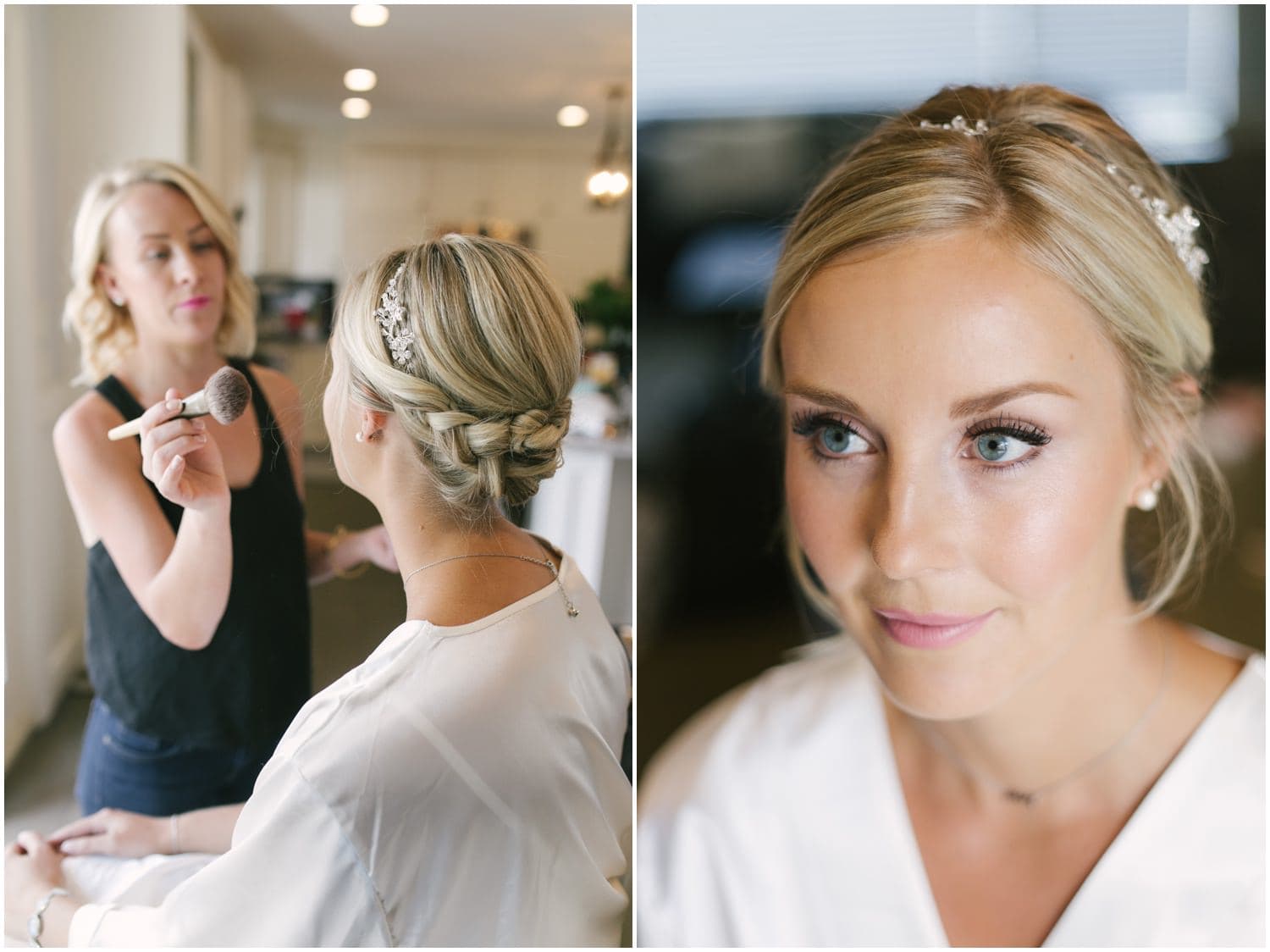 A bride getting her makeup applied and a closeup portrait of the final product