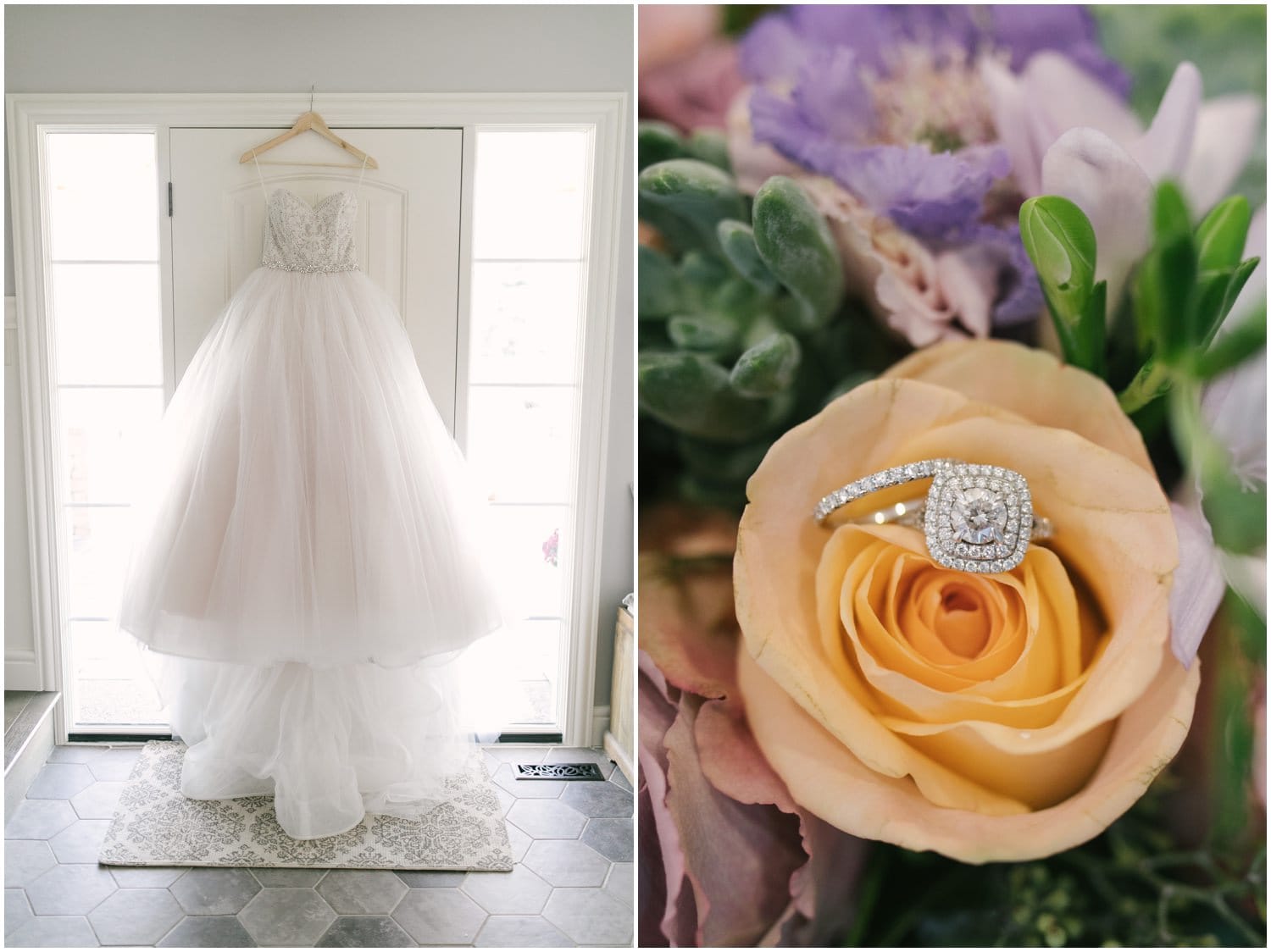 A wedding dress hangs in front of a white door in a house, and an engagement and wedding ring placed delicately in an orange flower