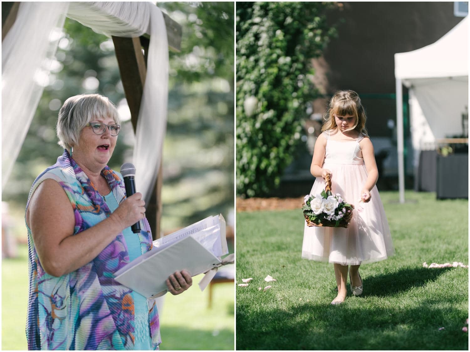 A wedding officiant talks into the mic, and a young flowergirl distributes flowers on the ground as she walks up the aisle