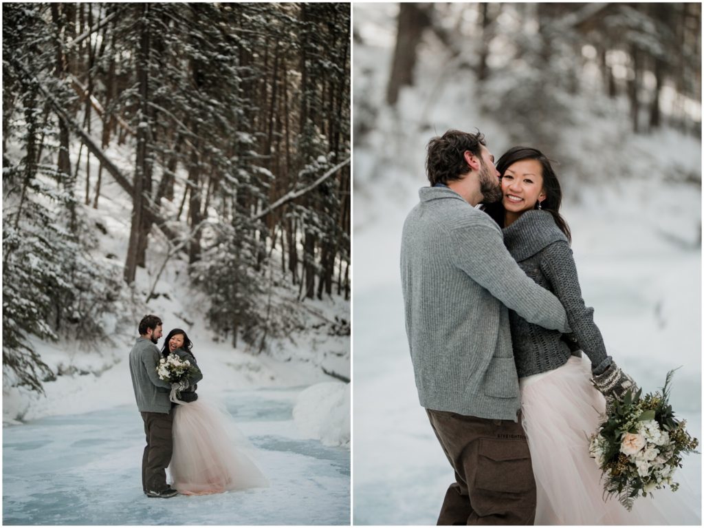 Wedding couple embraces on blue ice in the winter