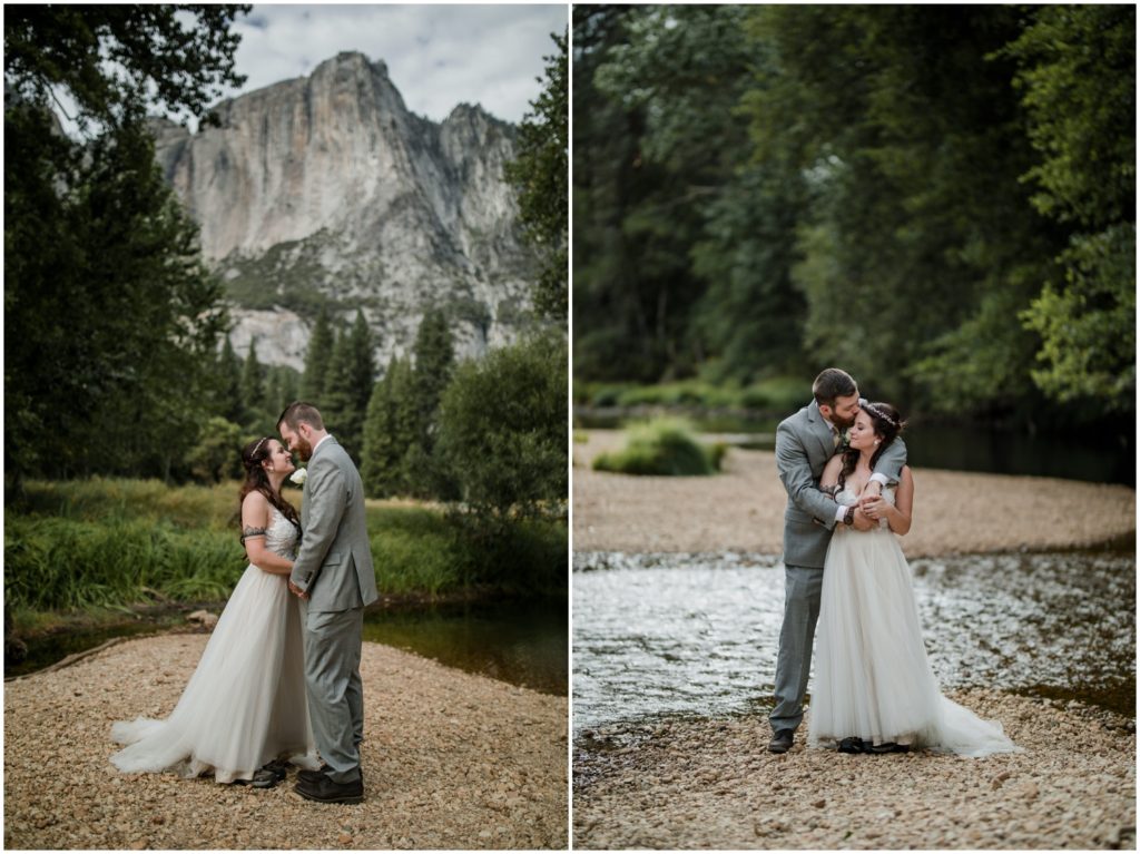 A newly wed couple embraces in Yosemite National Park