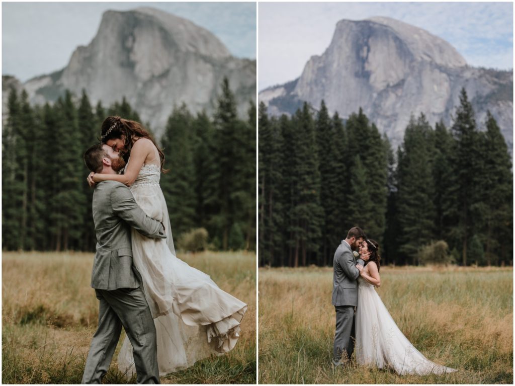 A newly wed couple embraces in Yosemite National Park