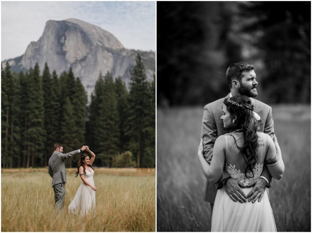 A newly wed couple embraces and dances in a field in Yosemite National Park