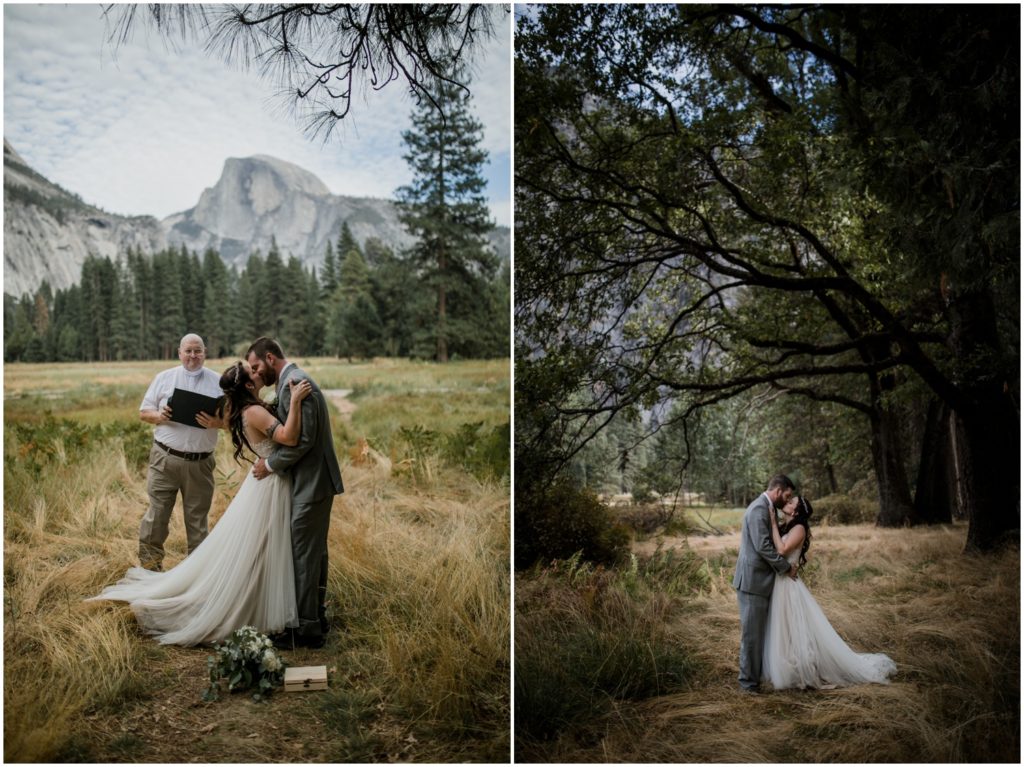 A newly wed couple embraces in Yosemite National Park