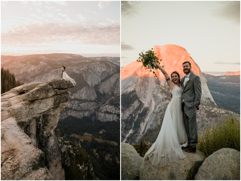 A newly wed couple stands on a ledge during sunset overlooking Yosemite National Park